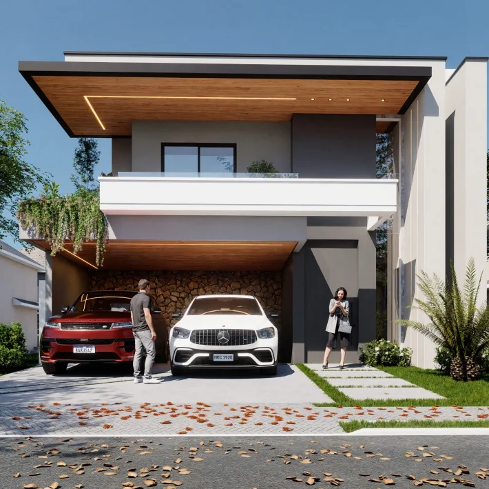 Residência com garagem coberta e revestimento em madeira